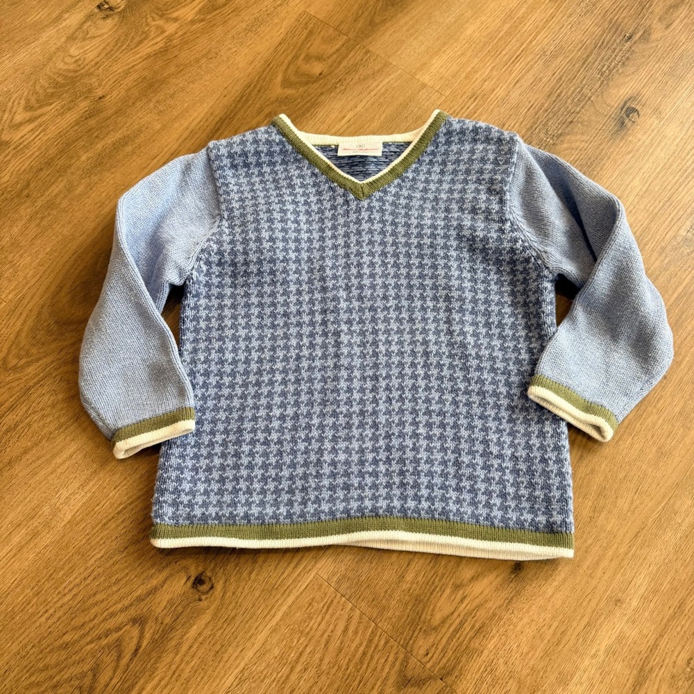 HANNA ANDERSSON Boys Blue Houndstooth V-Neck Cotton Knit Sweater Size 90 3T